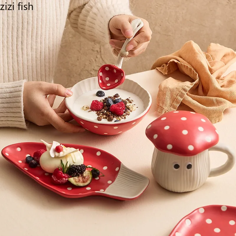Mushroom Ceramic Tableware Mushroom Rice Bowl Noodles Bowl Soup Pot Flat Plate Sushi Plate Mug Spoon Kitchen Tableware