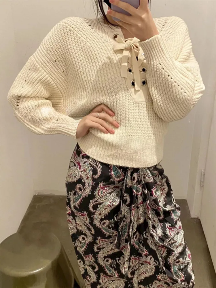 

Women Lace-up Knit Sweater Hollow out Pullover 2022 Early Autumn Long Sleeve Round Neck Jumper for Female