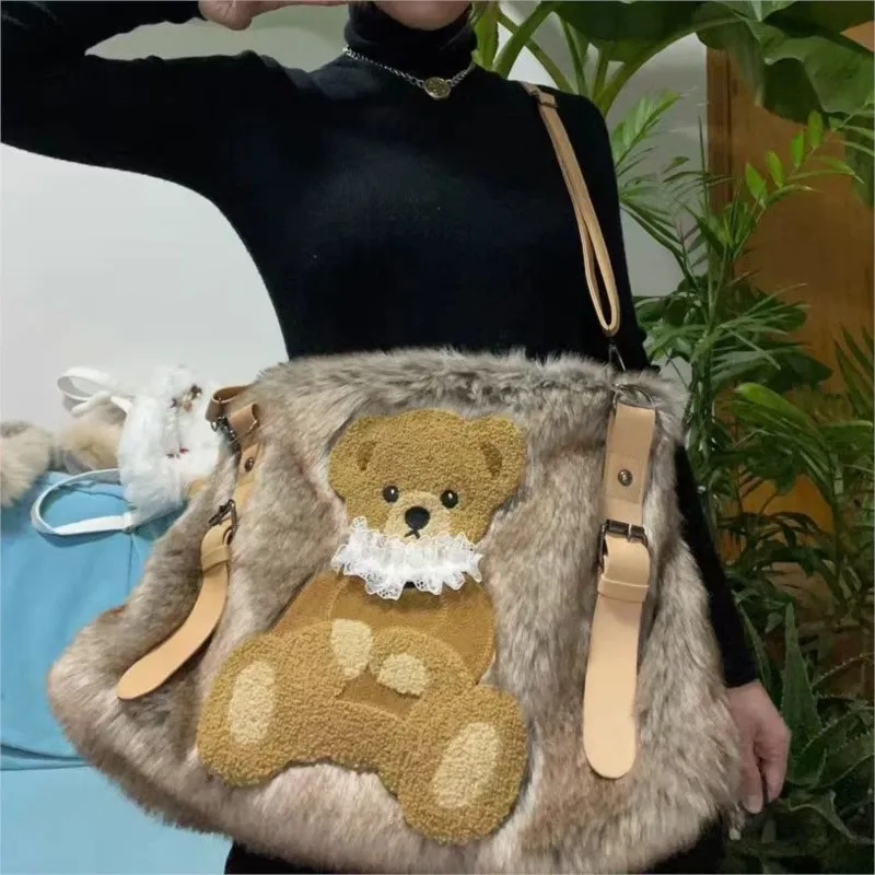 JIAERDI Vintage Bear Plush Y2k Handbag Women Hot Girl Sweet Casual Brown Shoulder Crossbody Bag Female Large Capacity Cute Purse