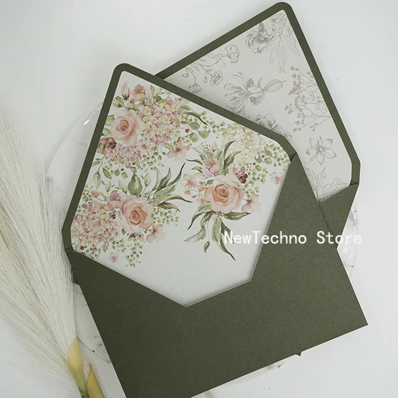 Avocado Green Series Vintage Envelopes Wedding Invitations Printing Lining Envelopes Invitation Stationary Paper