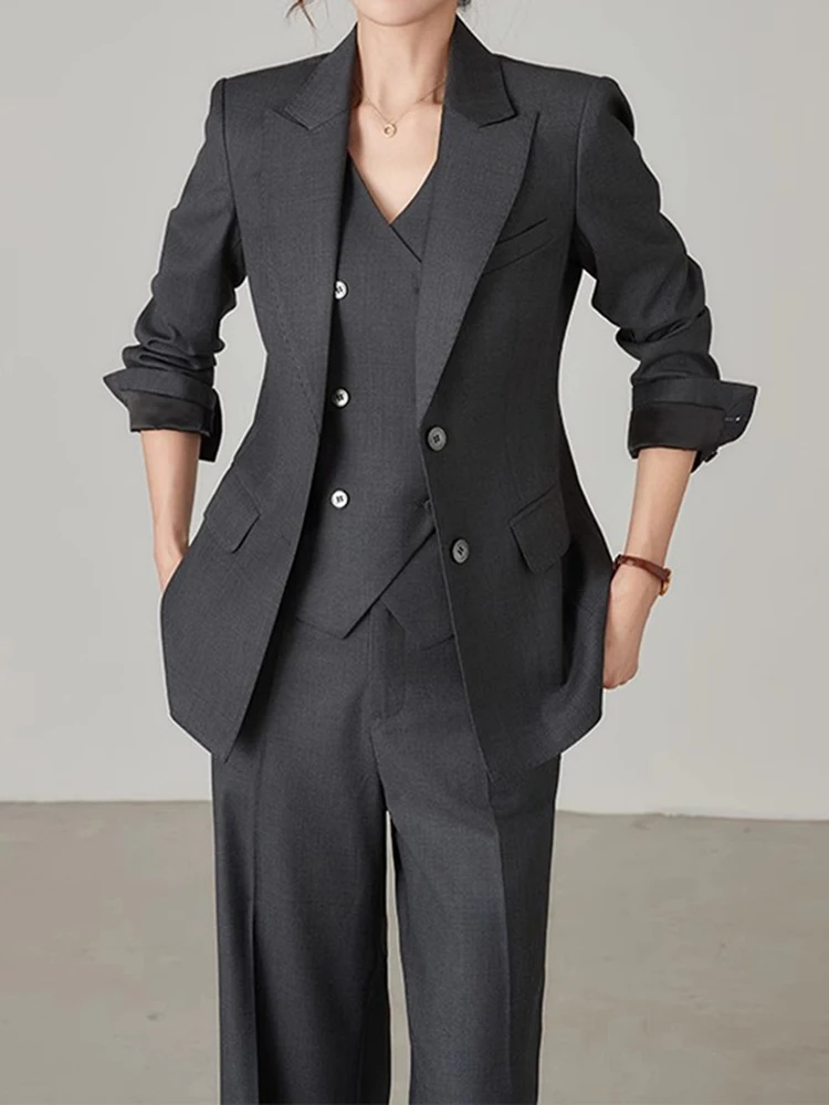 BVZW Elegant 3 Piece Set Women Gathered Waist Blazers Irregular Slim Vest High Waist Wide Leg Pants 2024 Spring Clothes 26D9017