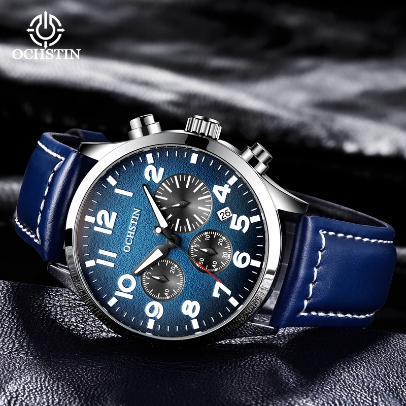 

OCHSTIN Quartz Army Watch for Men 2022 New Fashion Casual Sport Navy Blue Leather Strap Chronograph Male Clock Relogio Masculino
