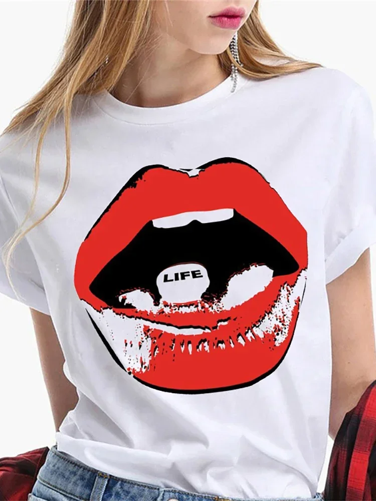 Camiseta Harajuku de manga curta feminina, tops sensuais nos lábios vermelhos, roupas femininas brancas, streetwear, moda beijo engraçado, Y2k