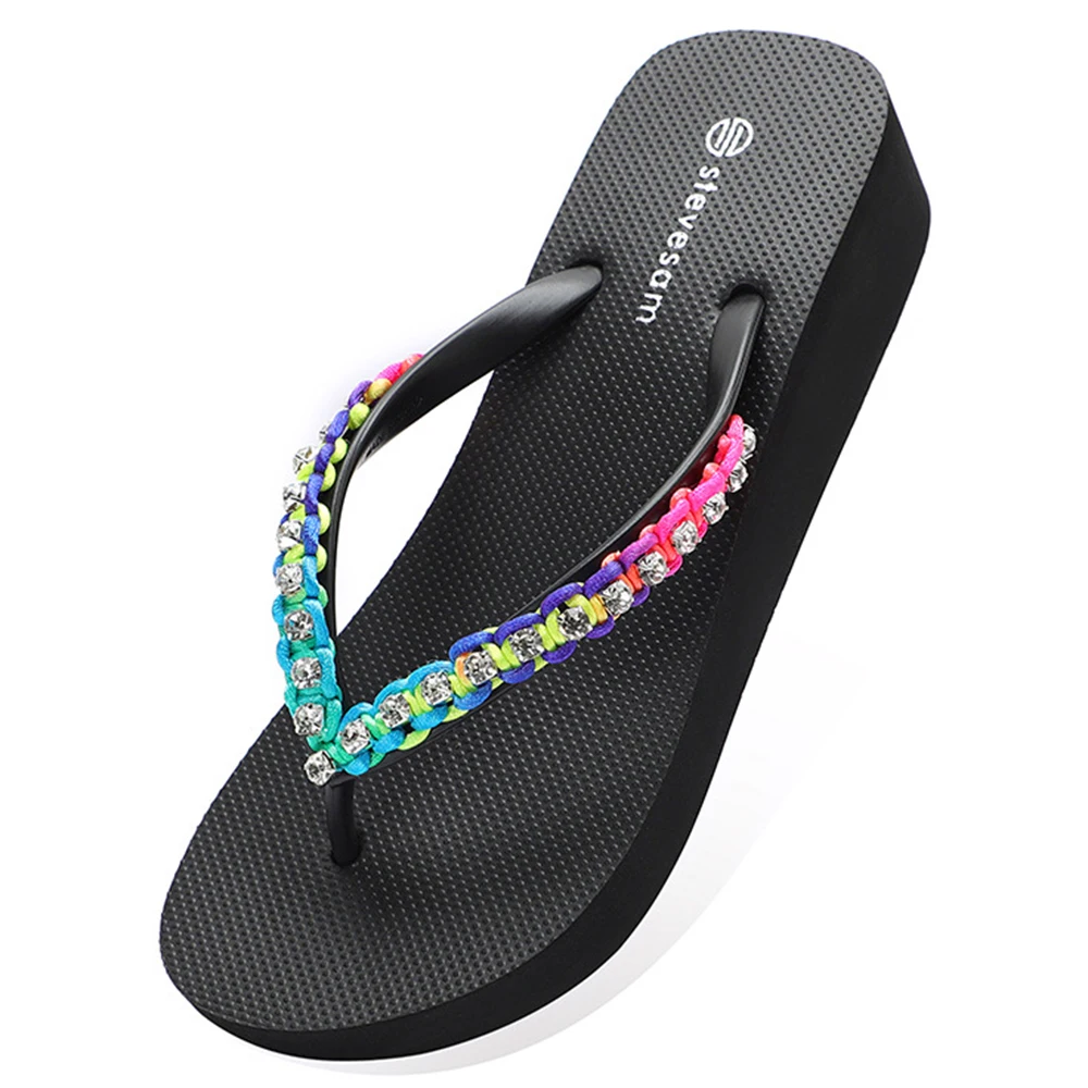 

Women's Platform Flip-Flops Summer New Metal Chain Rhinestone Decoration Wedge Slippers for Women Casual Beach Shoes qt678