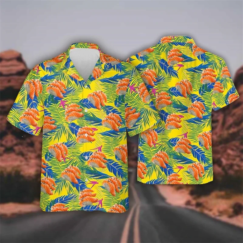 Hawaiian Delicious Fast Food Bento Sushi Shrimp Graphics Women's Beach Shirt Hip Hop Rice Ball Lapel Shirt Men's Top Shirt 2