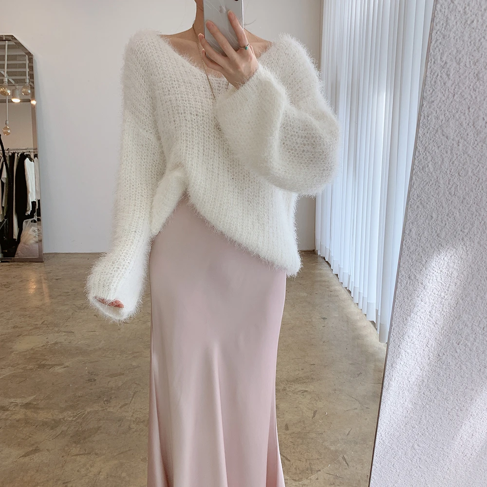 Croysier Autumn Winter Clothes Women 2021 Sweaters Pullovers Long Sleeve V Neck Fluffy Knitted Sweater Pullover Casual Jumper pink sweater