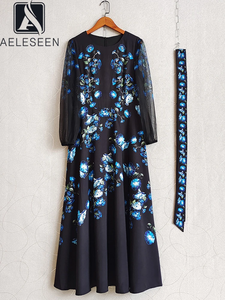 

AELESEEN Designer Fashion Long Dress Full Sleeve Spring Summer Blue Flower Print Beading Crystal Belt Elegant Female Party