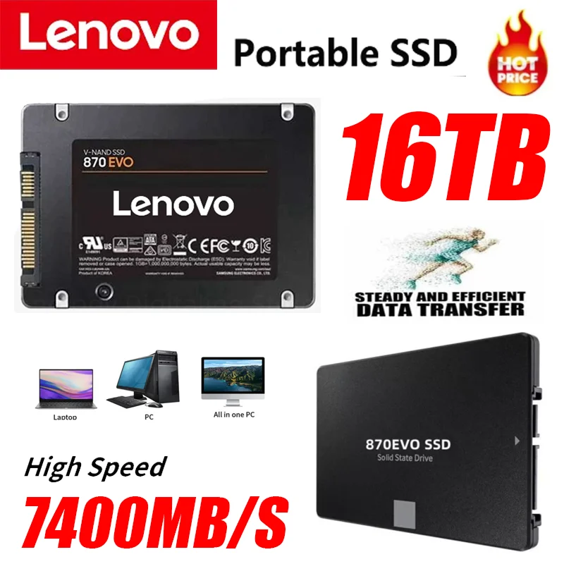Lenovo 4 ТБ SSD Внешний жесткий диск для внутреннего жесткого диска Sata3 интерфейс Портативный высокоскоростной твердотельный накопитель для ноутбука 2024