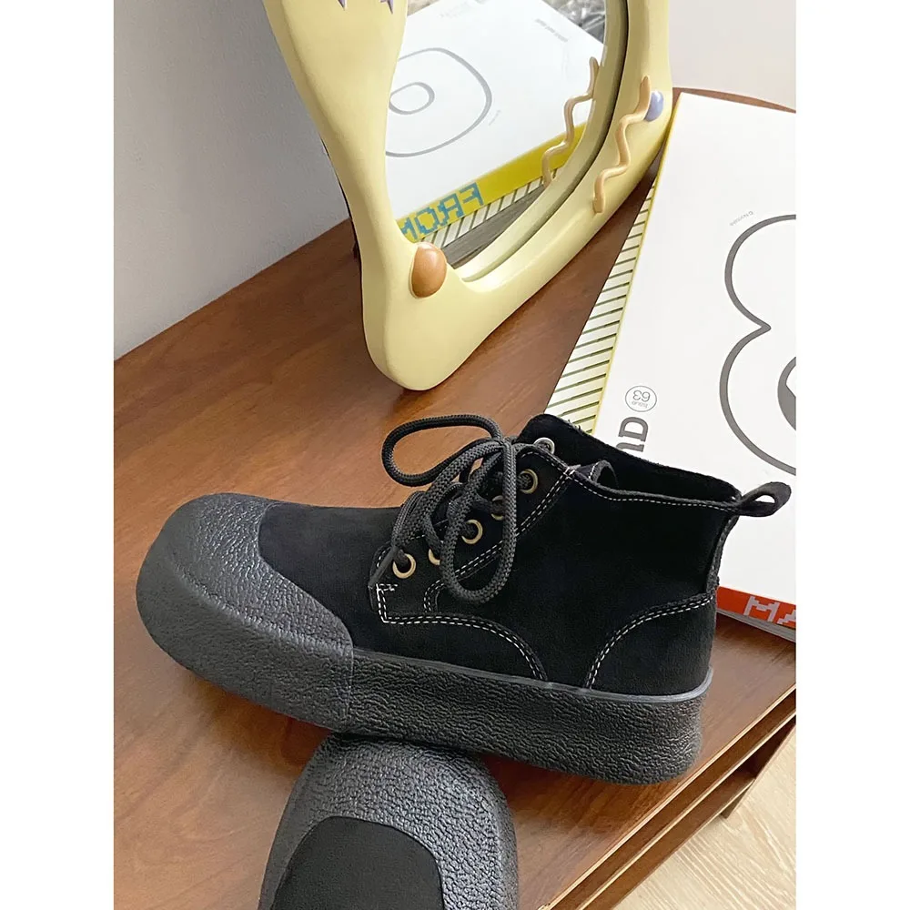 Square Head High Top Fashion Women Casual Shoes 2024 Spring New Genuine Leather High Thick Bottom Top Quality Women Shoes 24-154