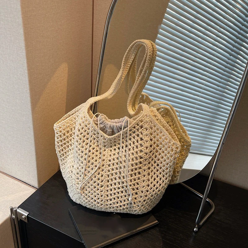 2025 Latest Summer Beach Straw Woven Tote Bag For Women 2-IN-1 Hollow-out Lightweight Large Capacity Shopper Shoulder Bag Female