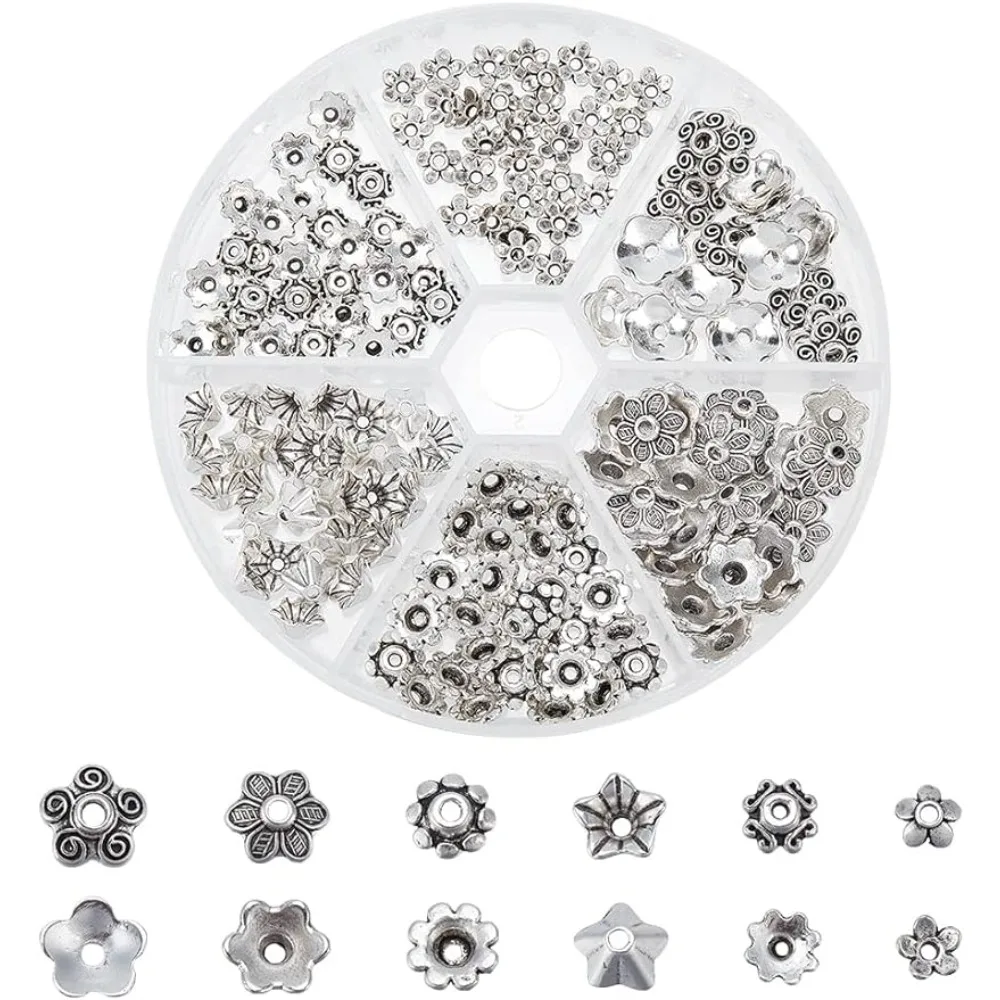 

180Pcs Bead Caps Alloy Flower Bead Cap Spacers 6 Styles Bead Cap Bails End Charm Caps Spacer Beads for Earring Bracelets