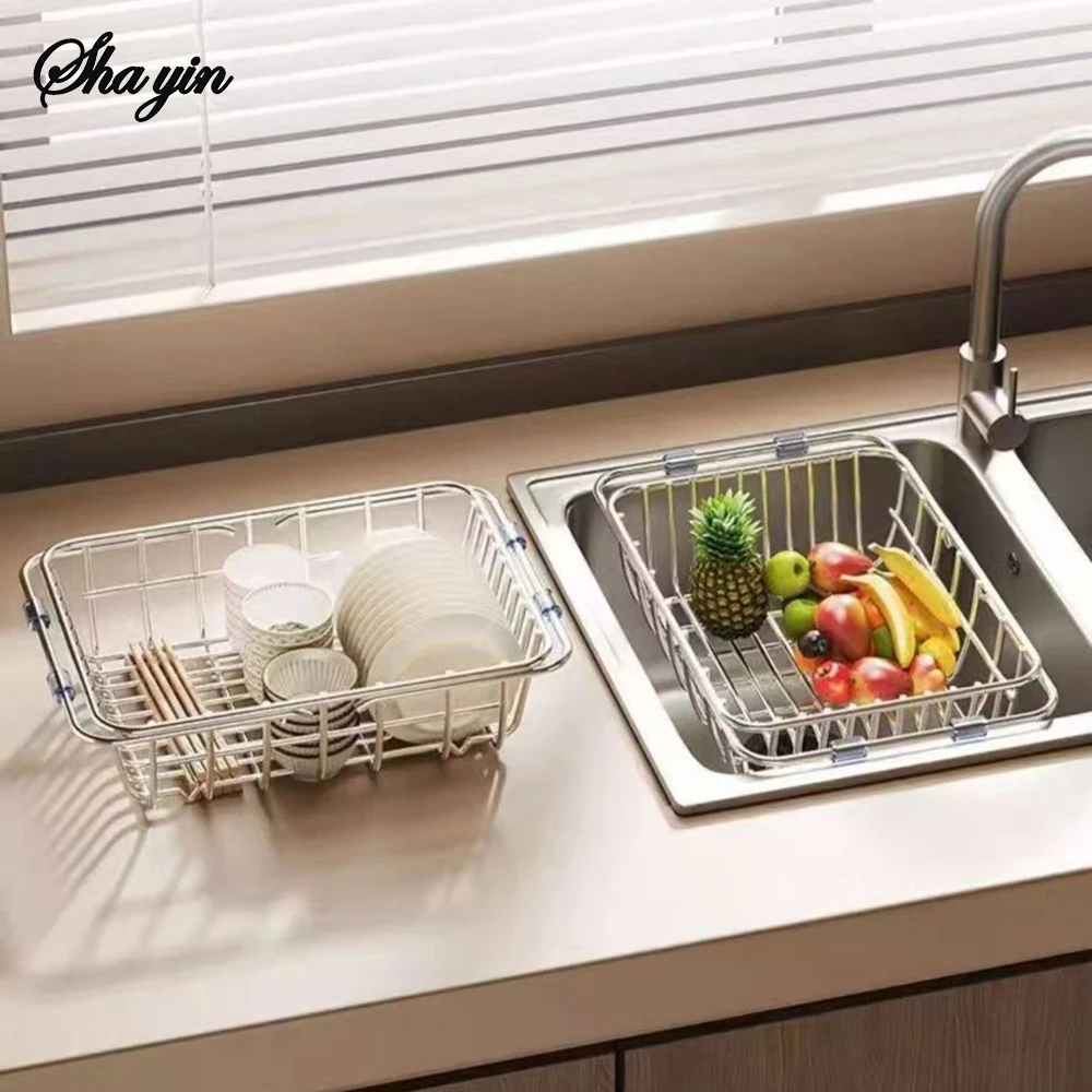 Household Stainless Steel Sink Drain Rack, Telescopic, Non-Slip, Dish Drying Rack, Kitchen, Bathroom, Countertop Organizer Rack 2