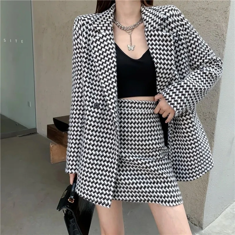 

Spring Autumn 2023 New Woolen Coat Fashion Suits Plaid Woolen Coat Wear Temperament Jacket Coat Package Hip Skirt Two-piece Set