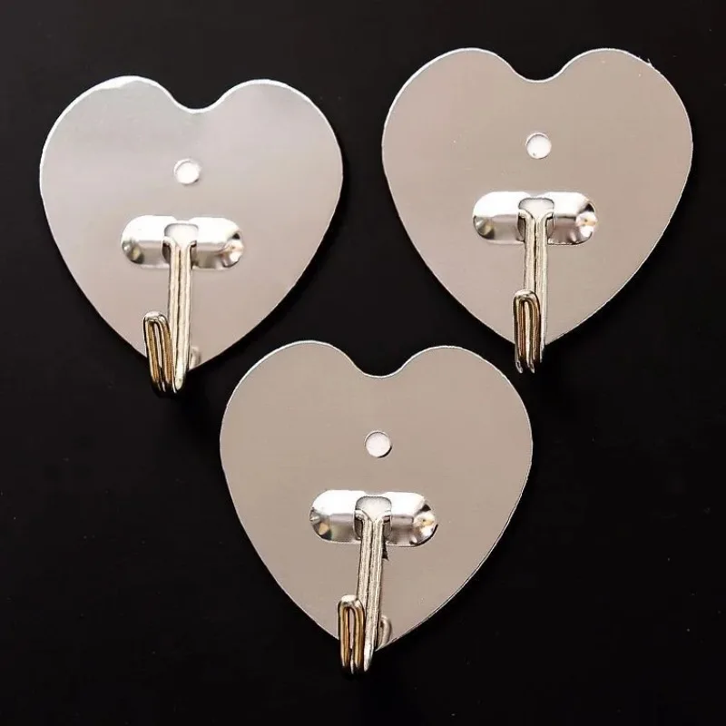 3pcs/set Heart Shape Adhesive Kitchen Strong Wall Door Hook Metal Stainless Steel Stick Hook Hanger Bathroom Hanger