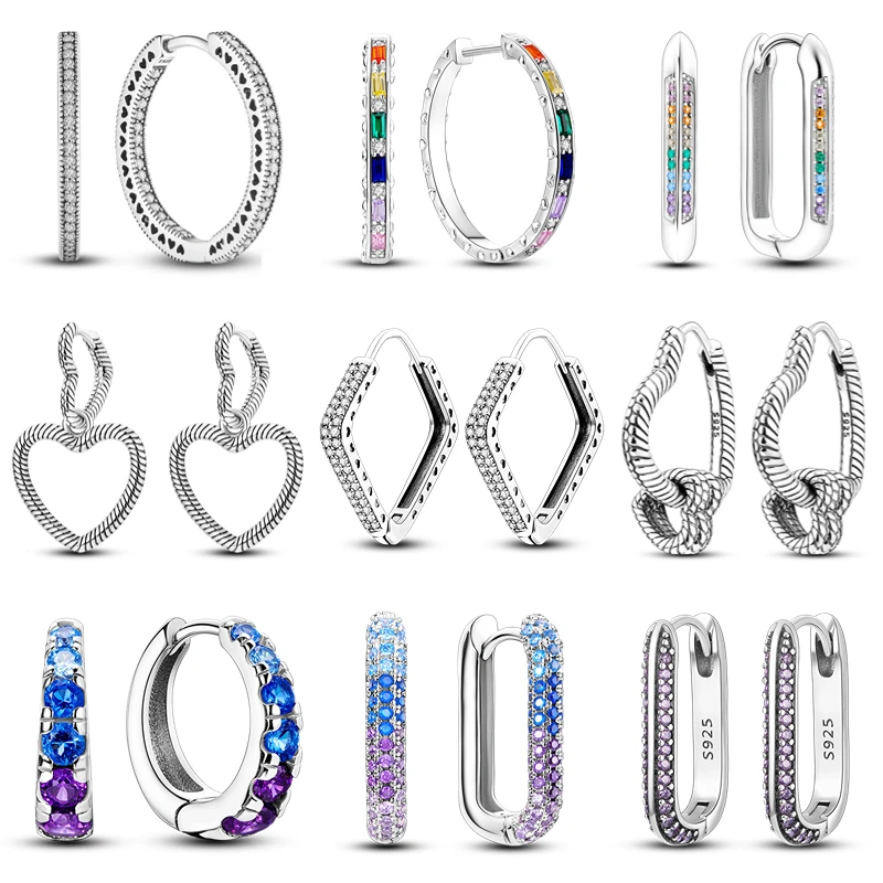 

Rainbow Sapphire Rectangle Hoops Earrings For Women 100% 925 Sterling Silver Jewelry Fashion Sparkling Pavé Bars Hoop Earrings