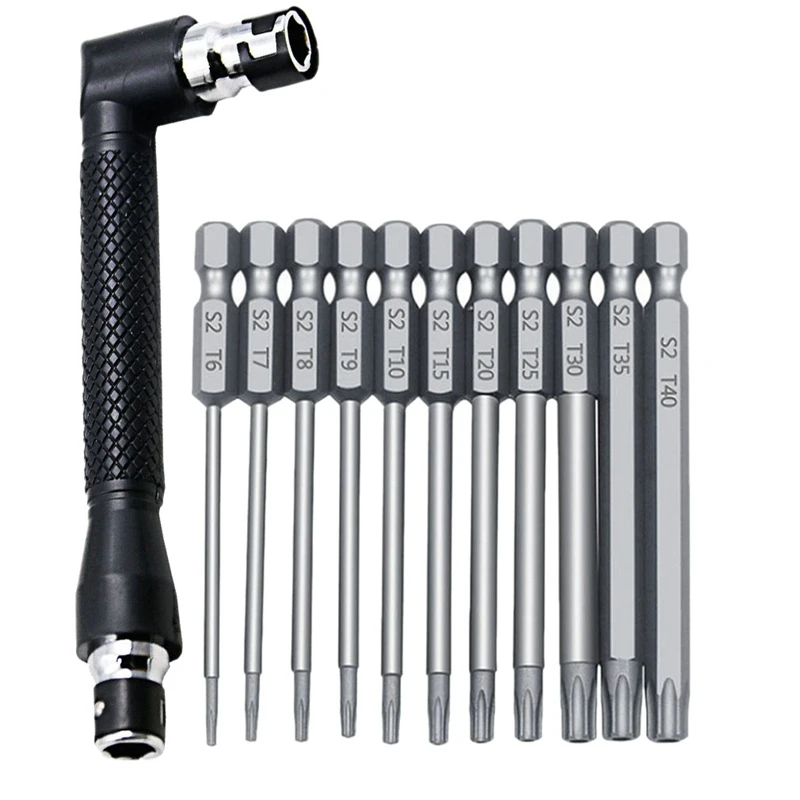 

12PCS/Set 1/4 Inch Hex Shank And L Shaped Wrench Set T6-T40 Length S2 Steel Torx Head Screwdriver Drill Set Bits