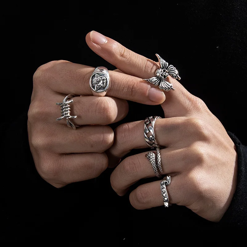 Stainless steel bracelet metal bracelet Punk geometric silver color chain wrist bracelet for men ring charm set couple Emo fashion jewelry gifts Pulera Mejer