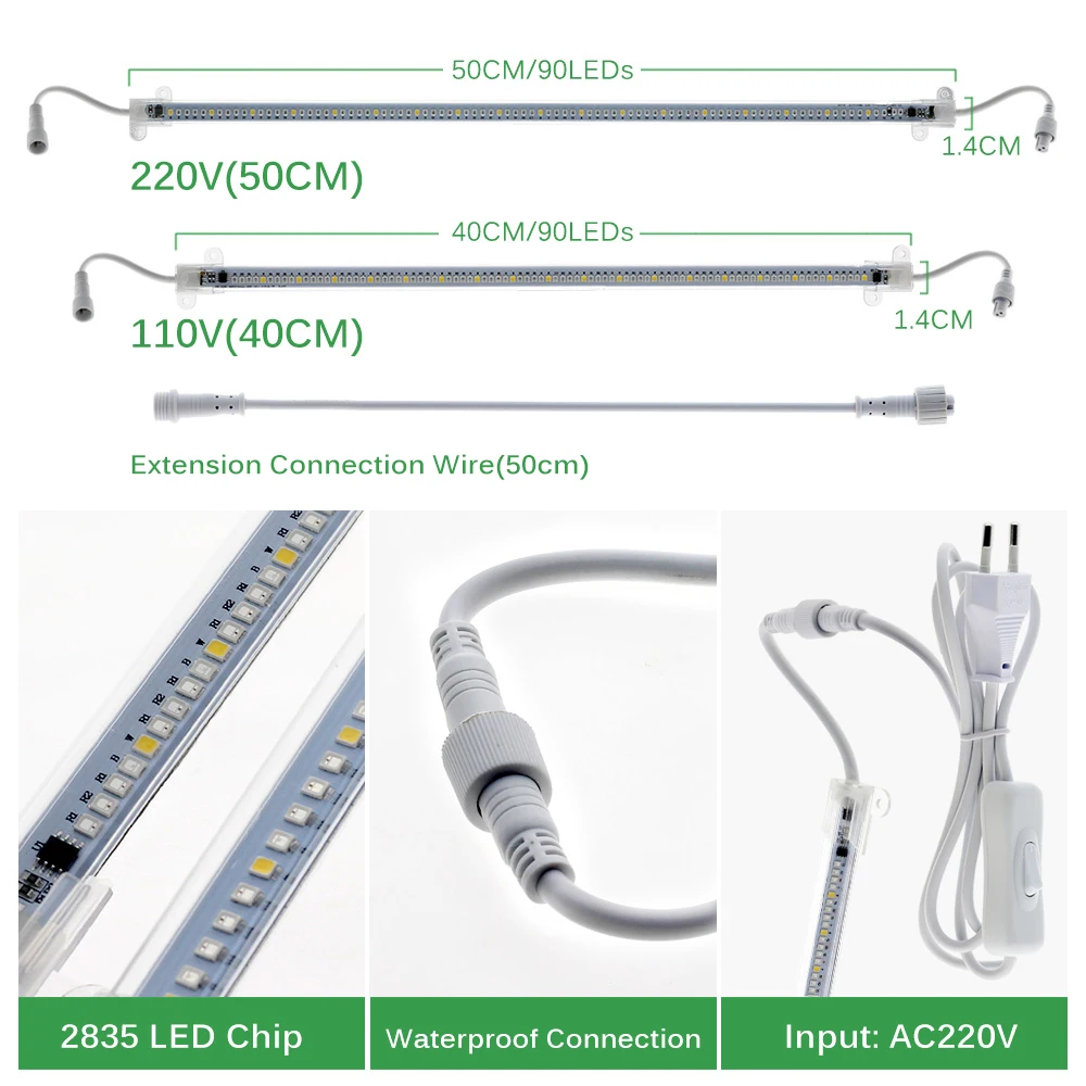 풀 스펙트럼 LED 식물등 110V 220V 12W 피토램프 LED 바 라이트 90LED 식물 재배용 라이트 튜브 (식물, 온실, 묘목용)