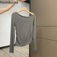 T-shirt noir pour femmes, vêtements à épaules dénudées, tunique à rivets, col Slash, Y2k, hauts coréens, Chic et Sexy, 2025 6