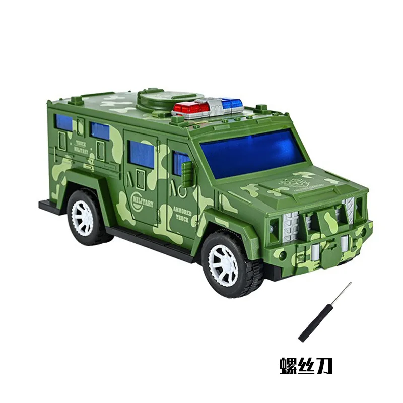 Camouflage Double Color Light Transport Money Police Van Universal Form Can Be Used as a Piggy Bank Creative Electric Toy Car