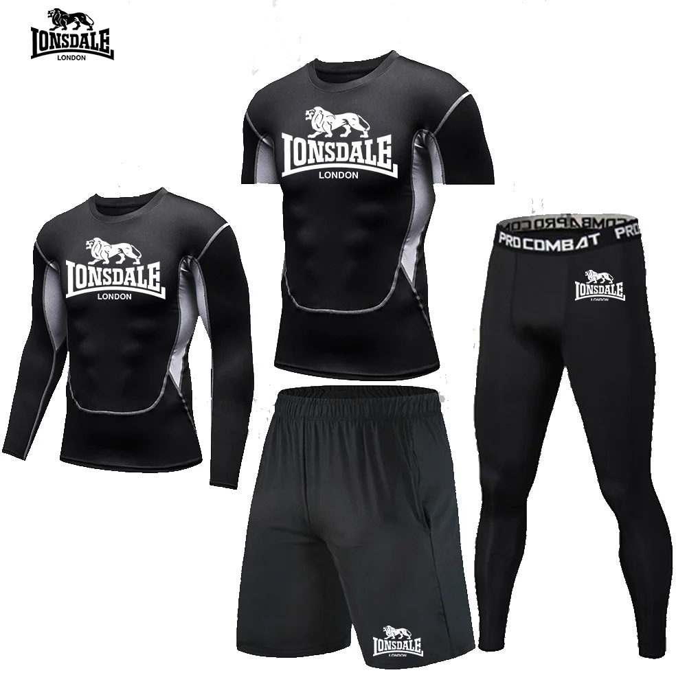 LONSDALE 4피스 스포츠웨어 짐 타이트 핏 티셔츠 피트니스 러닝 세트 조깅 스포츠웨어 남성 트랙수트 브랜드 래쉬가드 세트