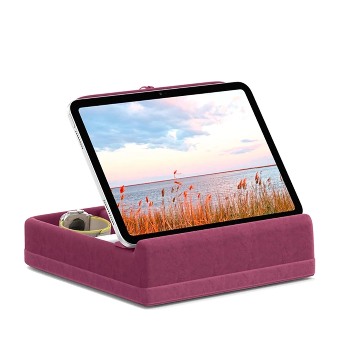 A04R-Tablet Pillow Stand with Storage Foldable Holder Angle Adjustable Soft Pad Dock for Bed and Laptop and Desk Rose Red