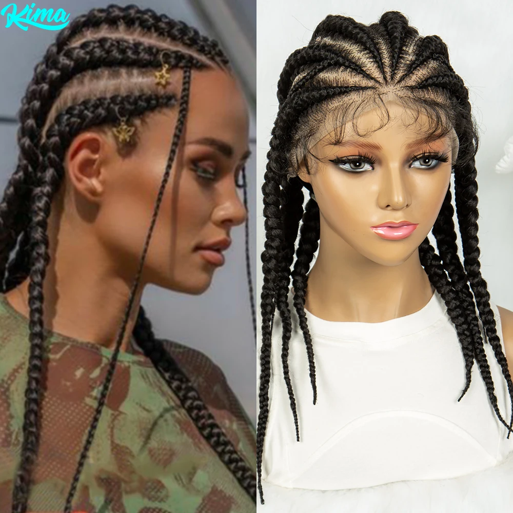 KIMA-peruca de corno sintética para mulheres negras, renda cheia, 6 caixas holandesas, perucas trançadas com cabelo de bebê