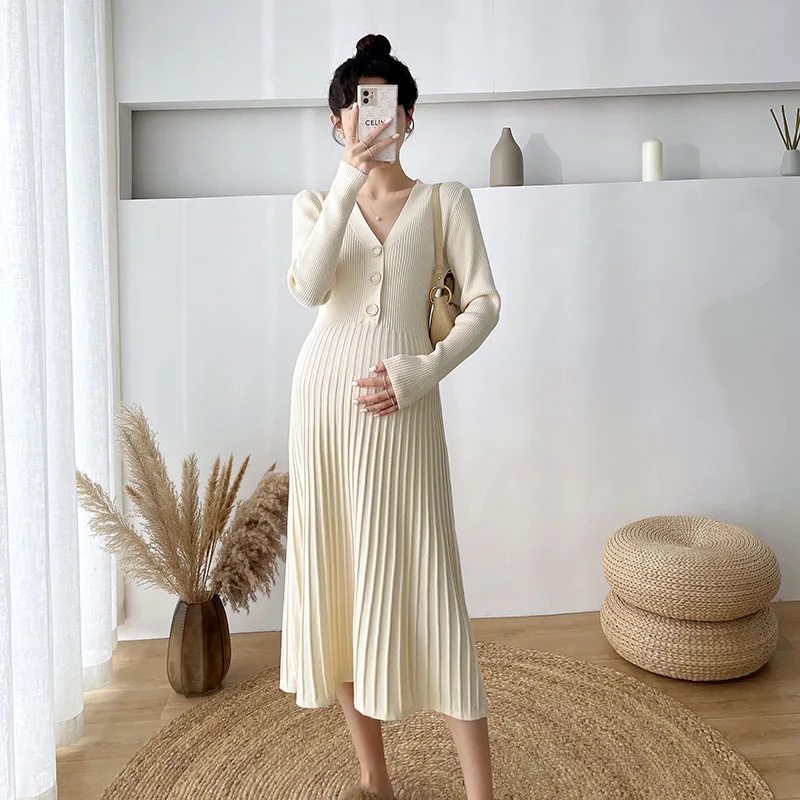 Autumn and Winter Maternity Clothing Long Sleeve V-Neck High Waist Button Fly Pregnancy Knitting Dresses Women Sweaters Knitwear