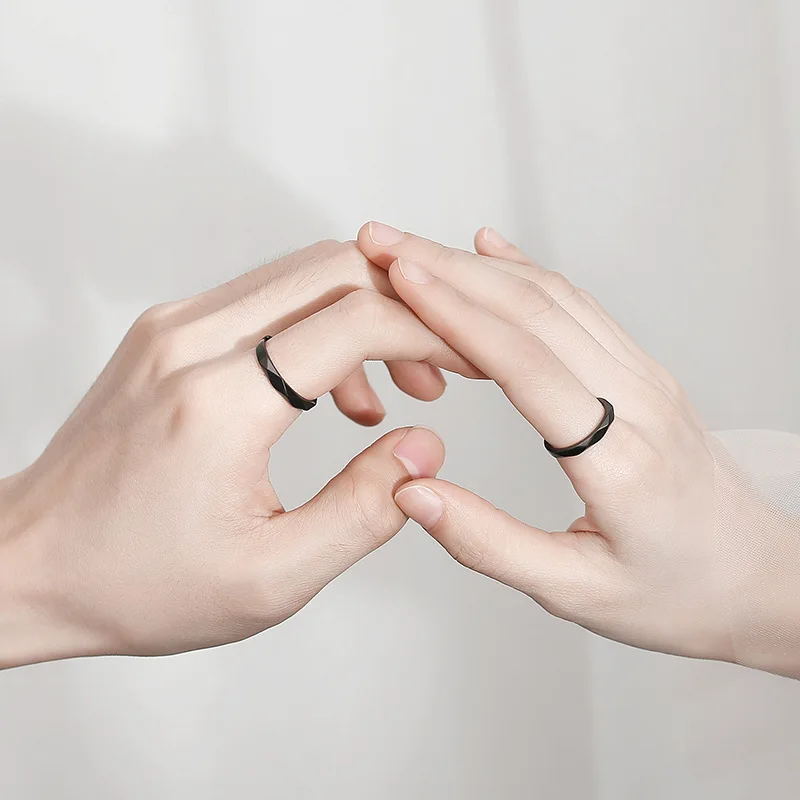 Sleek Geometric Black and White Adjustable Couple Rings