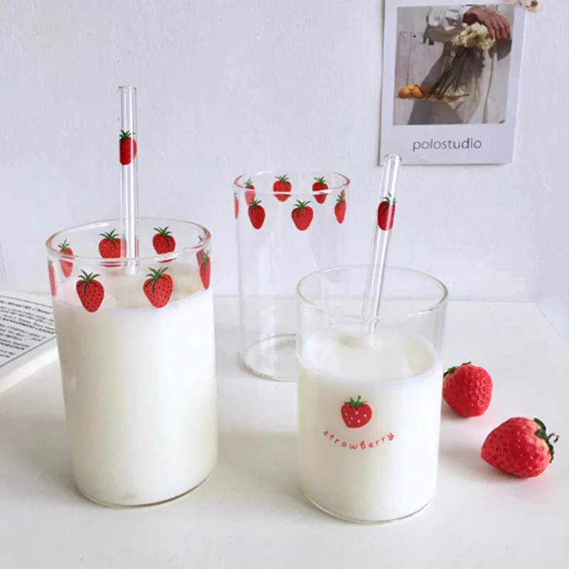 Transparent Glass Straw Pattern Glass Cup Straw Strawberry