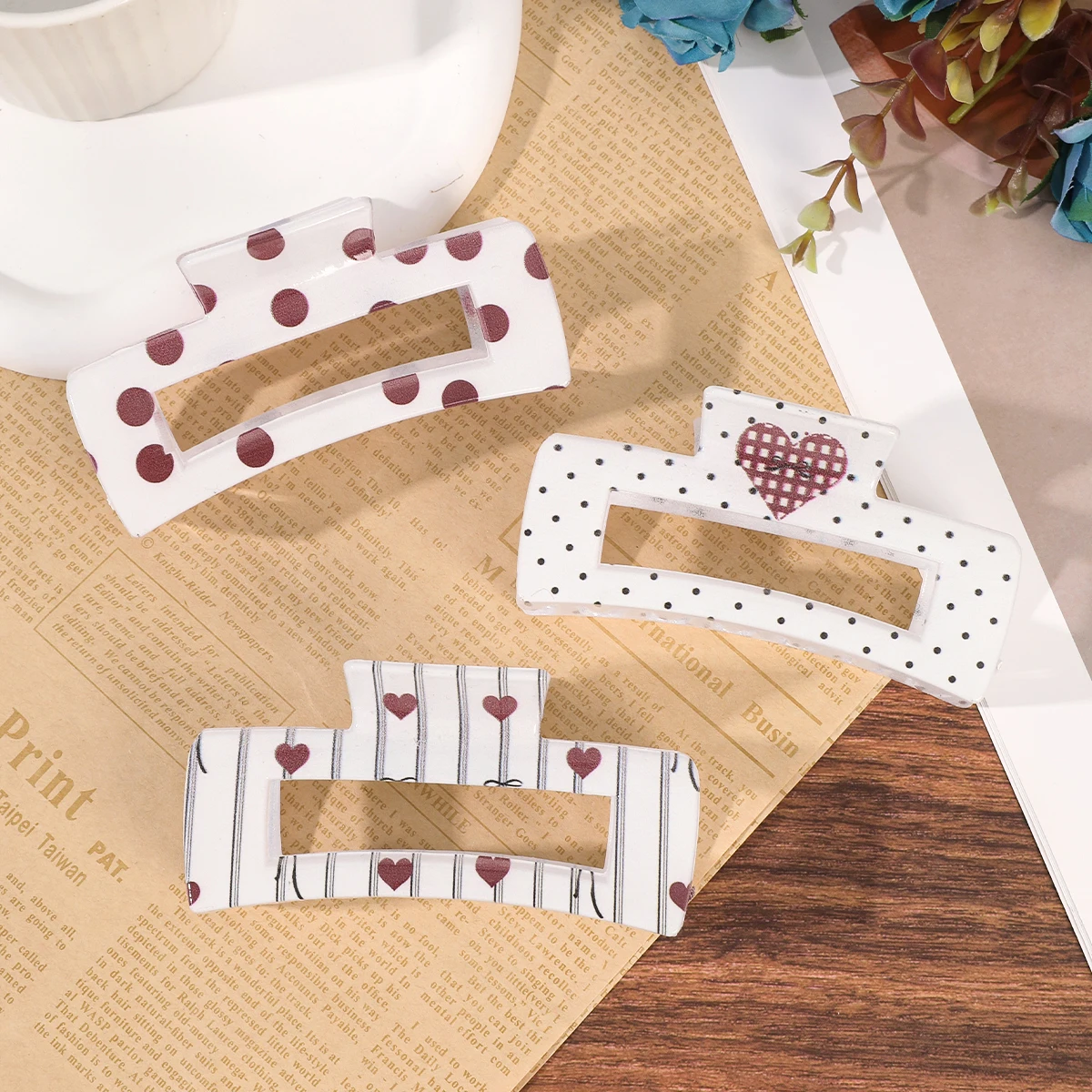 1pc Fashion Rectangle Hair Claw Clip Bow Heart Polka Dot Pattern Hair Clips For Thick Hair Women Elegant Headdress Barrettes