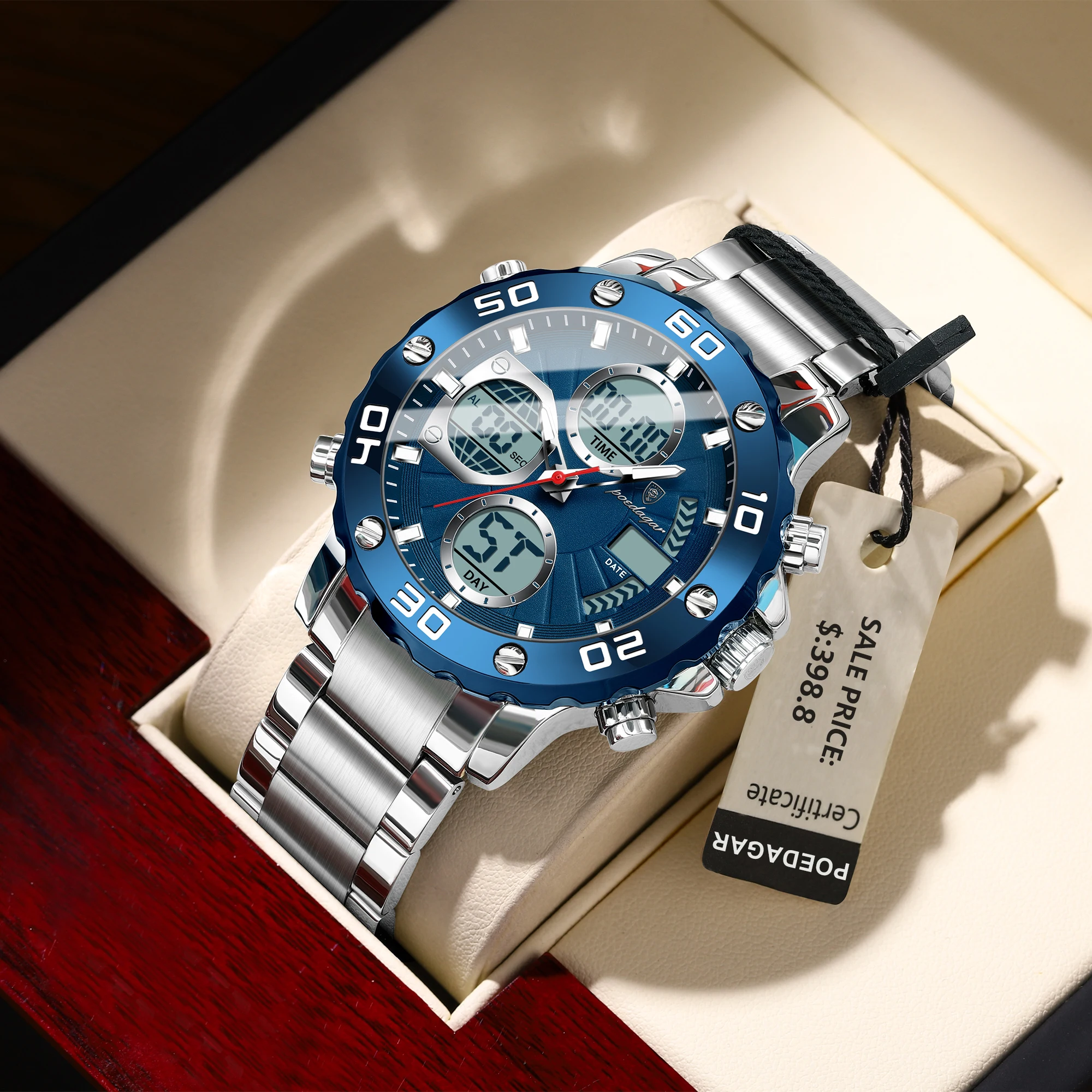 POEDAGAR Sport Wristwatch for Man LED Alarm Dual Time Display