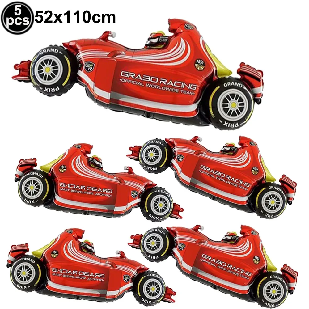 Race-Themed Birthday Party Decoration Set - Balloons, Traffic Cones, Checkered Flags, and Racing Wheel Foil Balloon