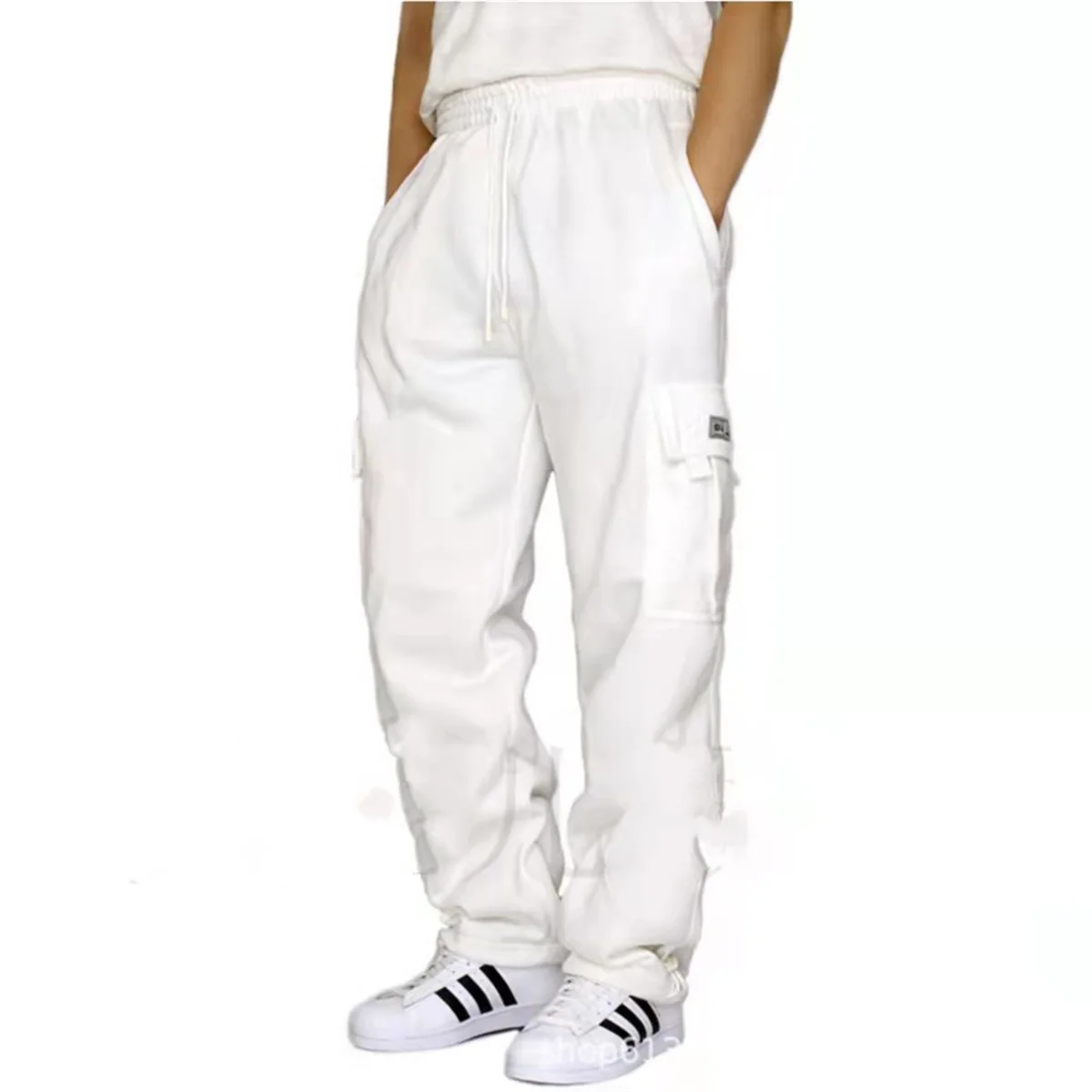 Autumn And Winter New Men Plus Thin Fleece Bunched Feet Tooling Casual Side Pocket Sports Fashion Straight Plus Size Pants 4