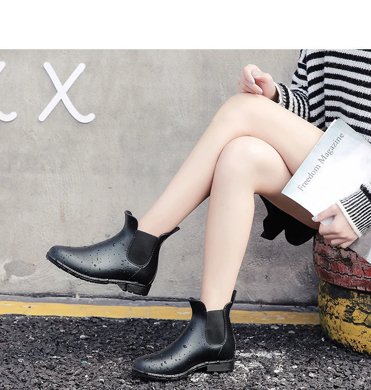 Litfun Women Chelsea Rain Boots Shiny Ankle Boots Waterproof Upper Toe Elastic Band Low Sole Fashion Non-slip Comfortable Boots