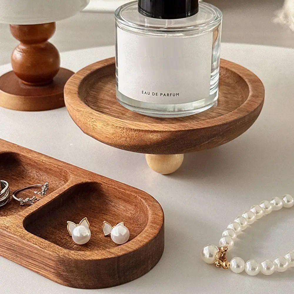 Brown Jewellery Display Trays Round Oval Desktop Ornament Display Plate Perfume Organizier Wood Candle Storage Rack Tabletop