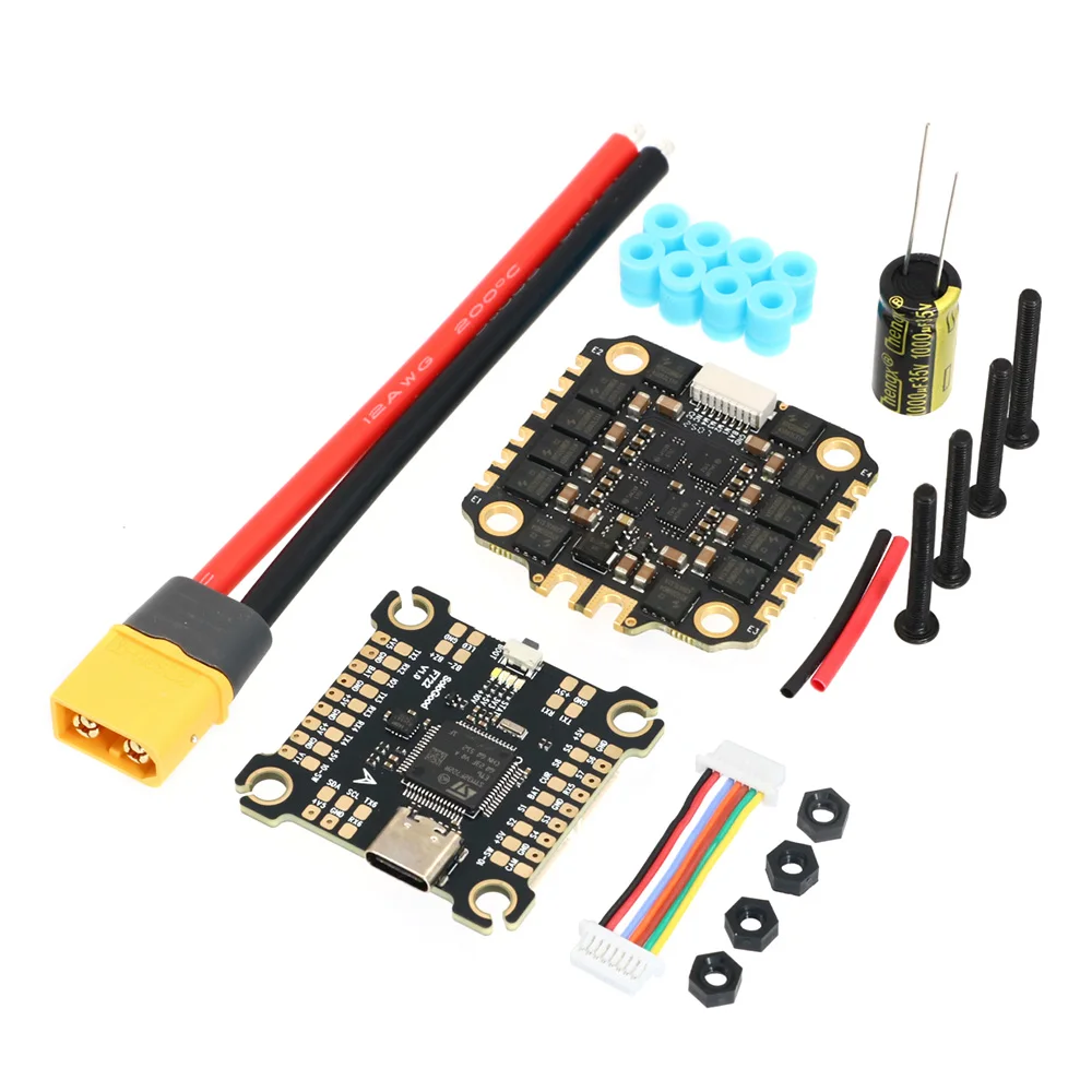 Stack F722 60A Sologood installé sur un drone FPV avec soudures et câblage exposés.