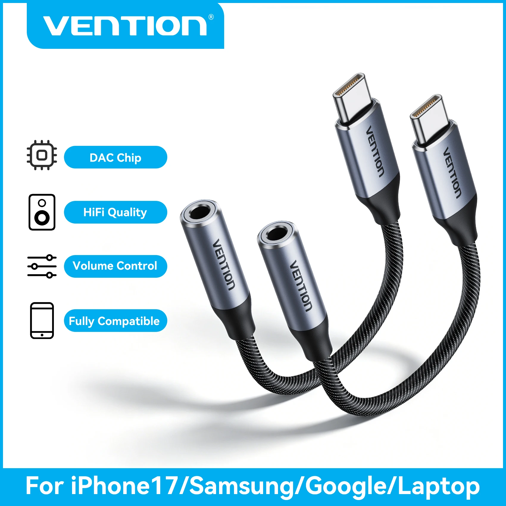 [2Pcs] Vention USB Type C to 3.5mm Jack Earphone Adapter Headphone USB C Cable Audio Adapter with DAC For iPhone 17 16 15 Xiaomi 1