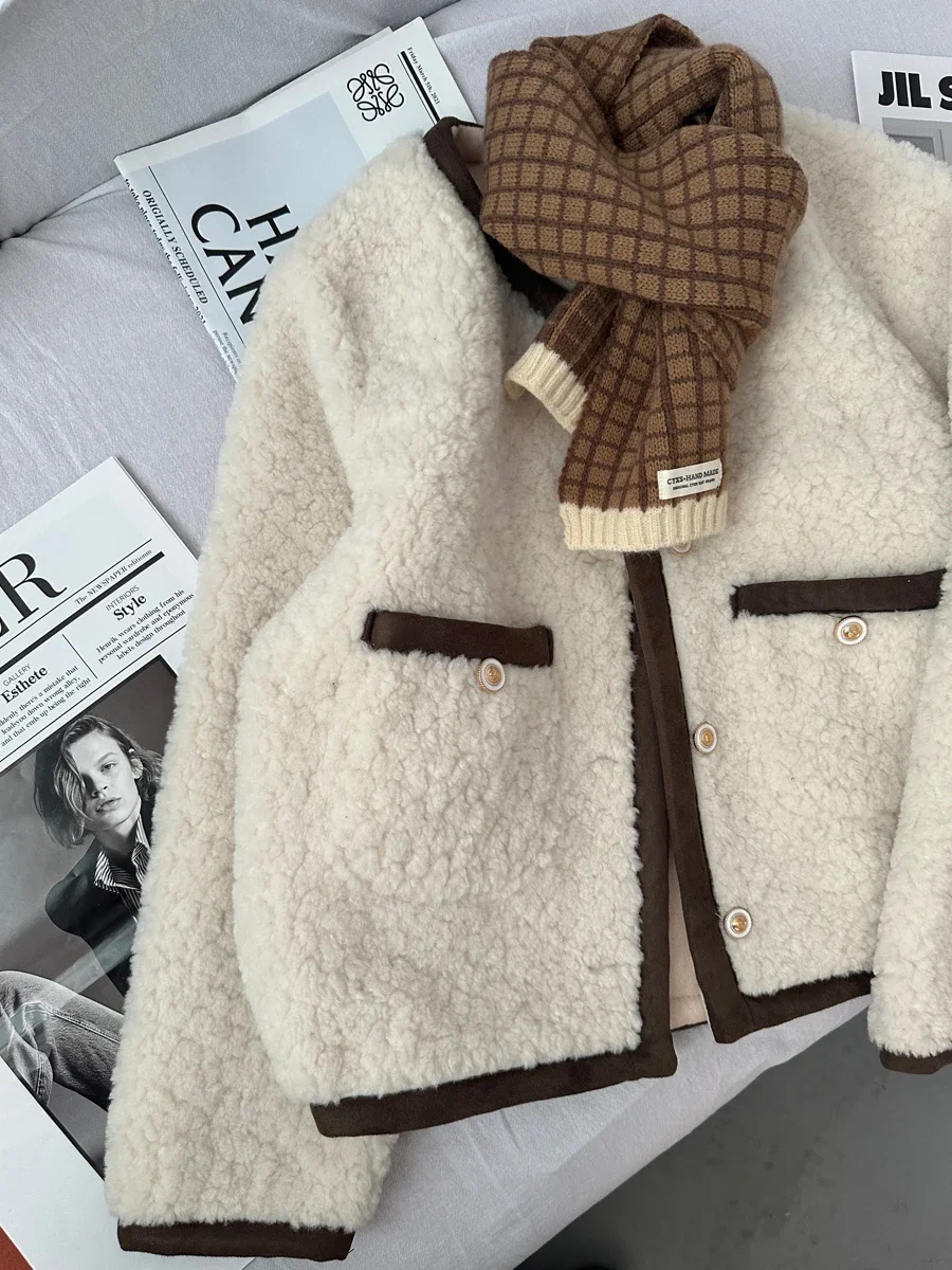 Korean-Style Round Neck Long Sleeve Women's Short Coat 2023 Autumn and Winter Fashion Commute Style Woolen Fur Faux Fur Coat