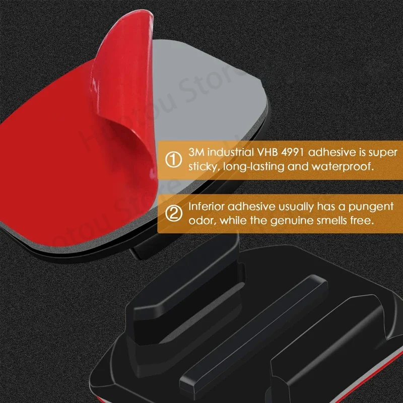 Caméra action fixée sur un casque grâce au support adhésif 3M VHB, fixation solide et étanche en action.