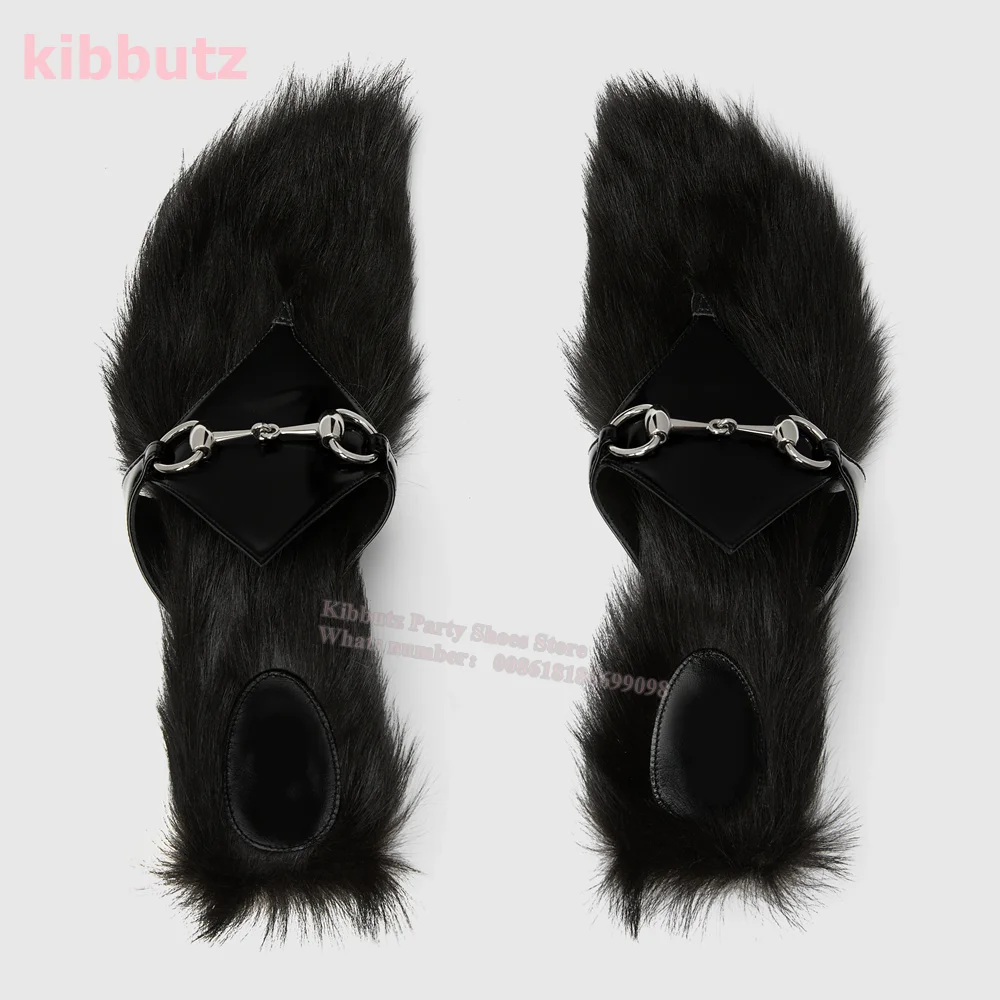 Fur Leather Slippers Round Toe Spike Heel Metal Decoration Mixed Color Warm Slip-On Fashion Elegant Sexy Shoe Runway Show Newest