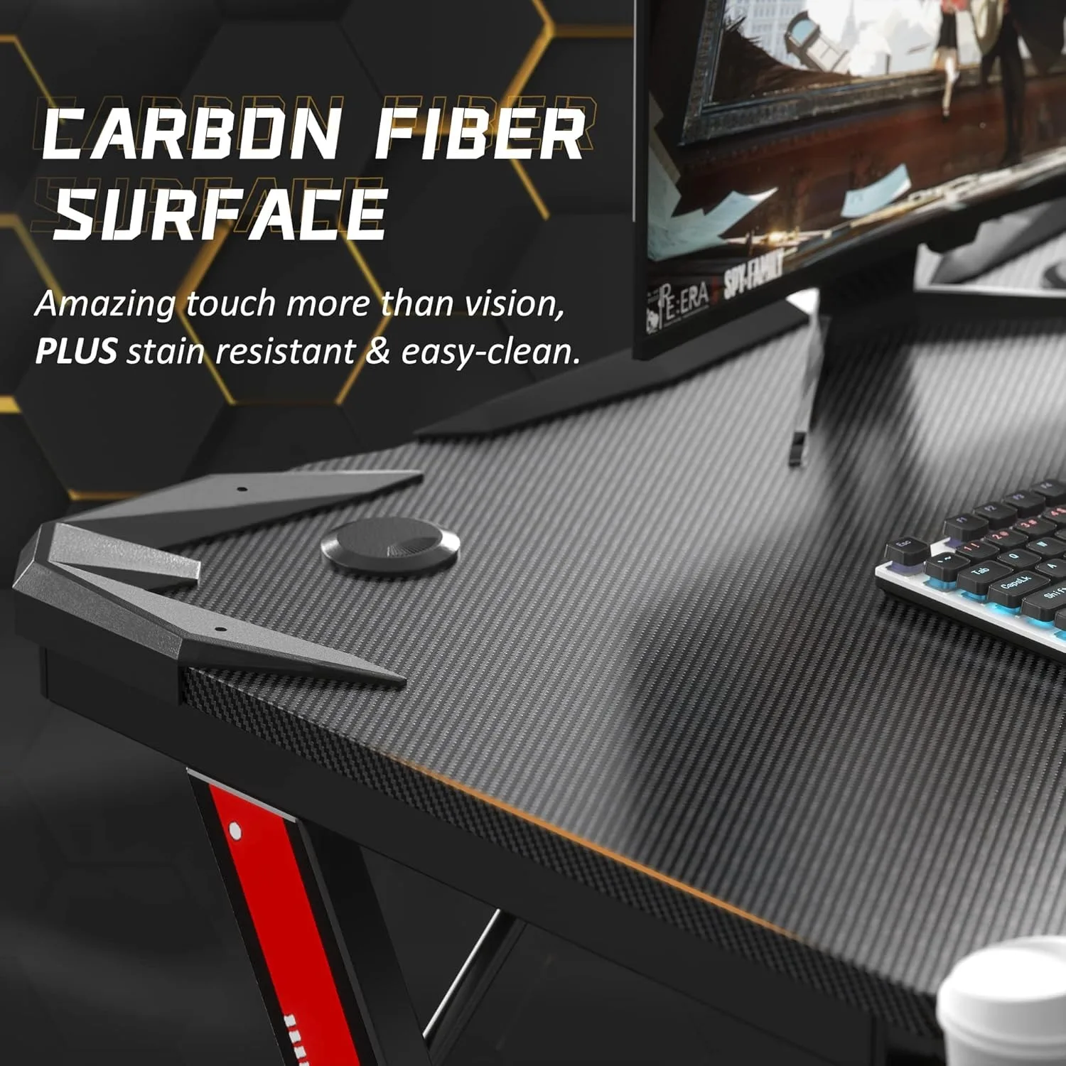 Gaming Computer Desk with Carbon Fiber Surface, Gaming Table Z Shaped Pc Home Office with Cup Holder&Headphone Hook(32 in) 5