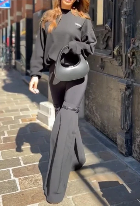Round Neck Lantern Sleeves Long Sleeve Flare Pants Two Piece Set 2023 New Fashion Hot Selling Women's Casual Pants Set