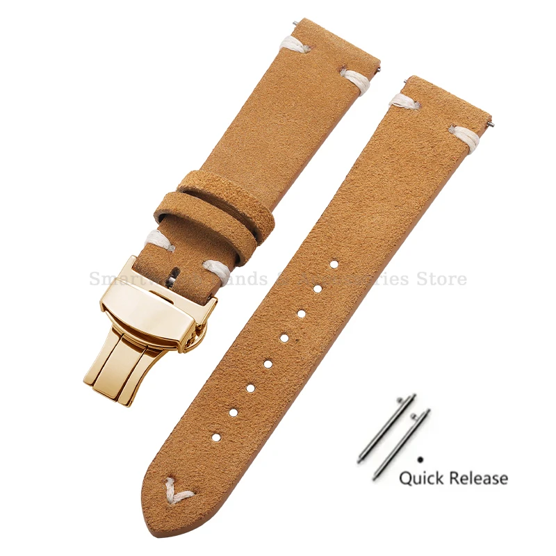 Vintage Handmade Suede Stitch Leather Watch Strap with Quick Release and Folding Clasp