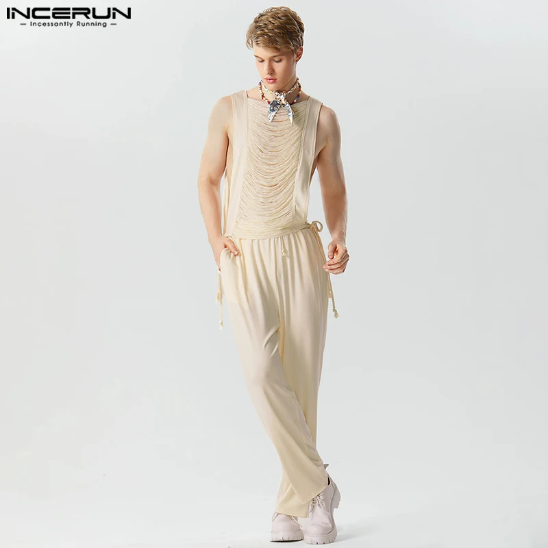 

2023 Fashion Men Sets Solid Tassel Transparent Streetwear Hollow Out Sleeveless Tank Tops & Pants 2PCS Men's Suits S-5XL INCERUN