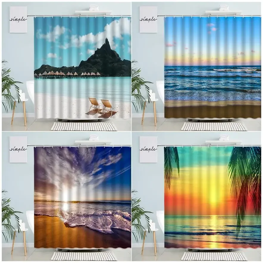 

Beach Shower Curtains Tropical Palm Leaves Dusk Ocean Hawaii Vacation Nature Scenery Modern Fabric Home Bathroom Decor Set Hooks