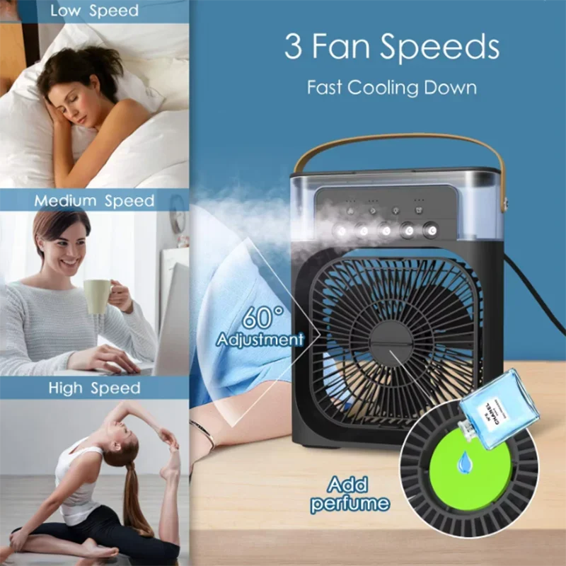 Modern Home Small Air Cooler 3 Speed Fan Air Conditioner Portable Humidifier Fan Portable LED Night Lights for Office