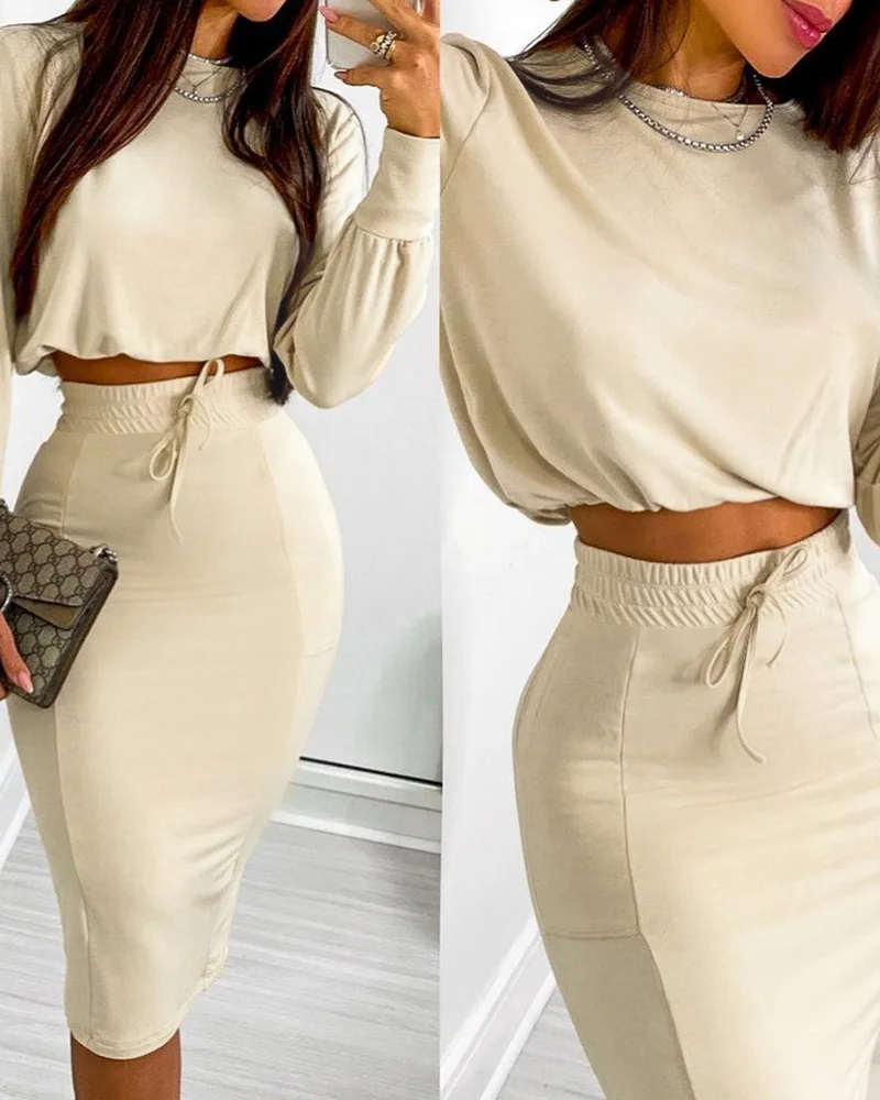 

Solid Color Long Sleeve Crop Top & Drawstring Skirt Set Women Summer Spring Blouse Tops High Waist Skirt