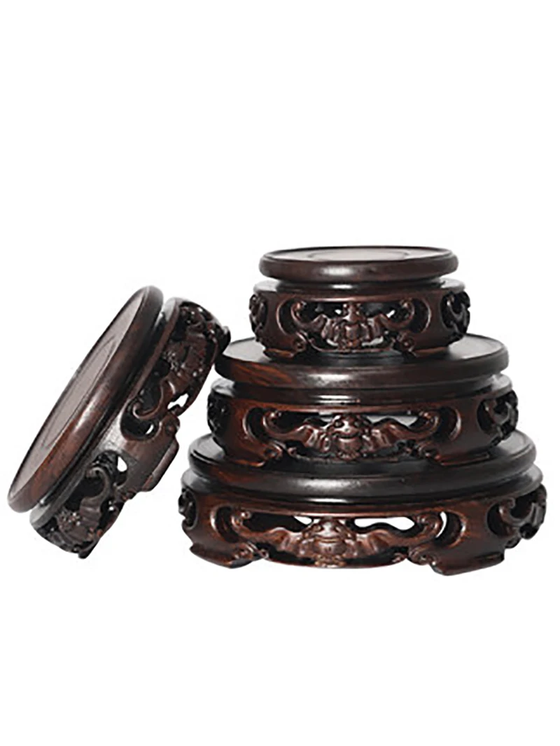 Ebony Carved Bat Pattern Base Craftwork Solid Wood Base Flower Vases Stone Jade Teapot Aquarium Base
