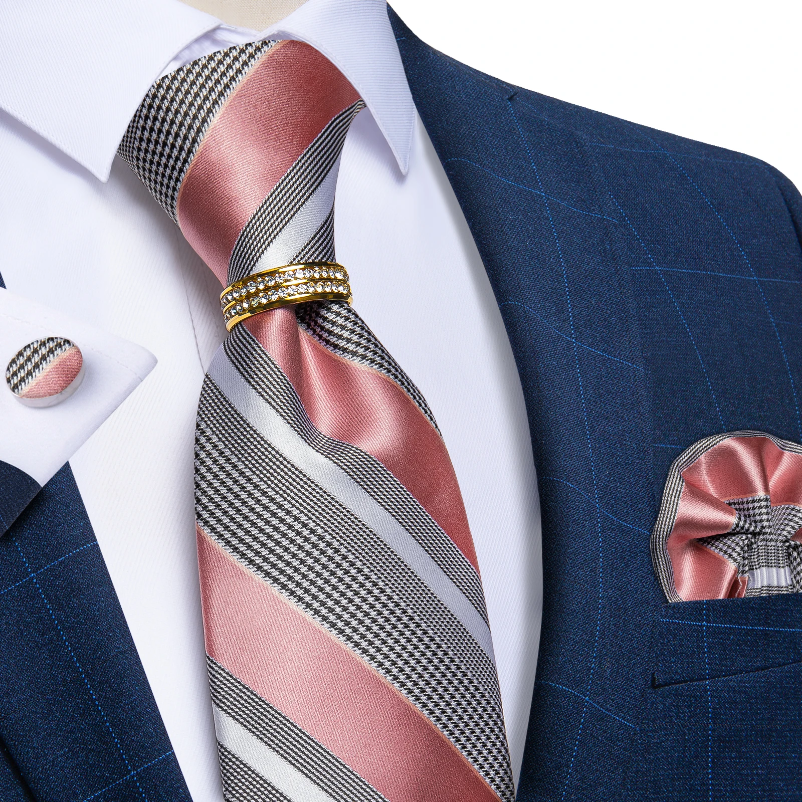 

Men Silk Ties with Ring Pink Blue Striped Fashion Business Formal 8cm Width Neck Tie Handkerchief Cufflinks Wedding Groom Cravat